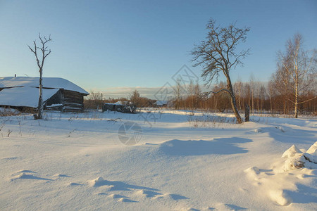 白雪皑的房子和晴朗的冬日图片