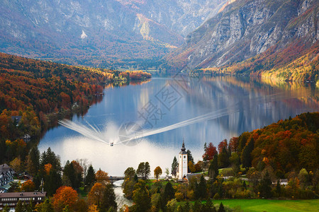 Alps的Bohinj湖空中观察图片