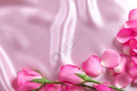 一个花束甜美的粉红玫瑰花瓣在柔软的粉红丝织物上图片