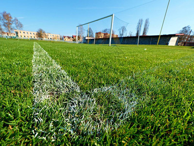 足球绿草场足球线挂弯蓝黄色足球网图片