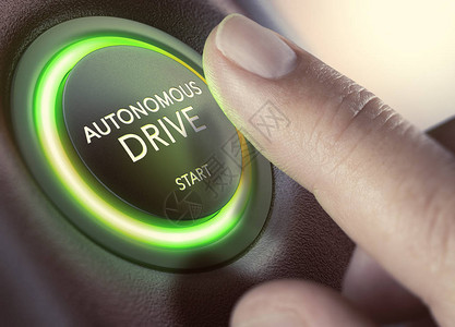 手指按下键启动自驾驶车组合图像介于手摄影和3D背景图片
