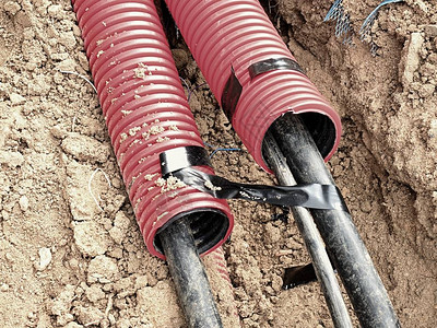在保护HDPE管中挖掘黑电缆的沟渠金属线和光纤线条建立通信光学网络安装连接装置等图片