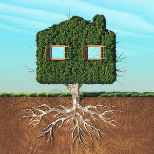 房屋形状绿树根植于地下这图片