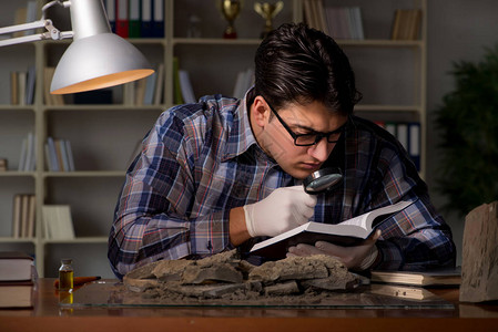 考古学家在办公室工作到深夜图片素材