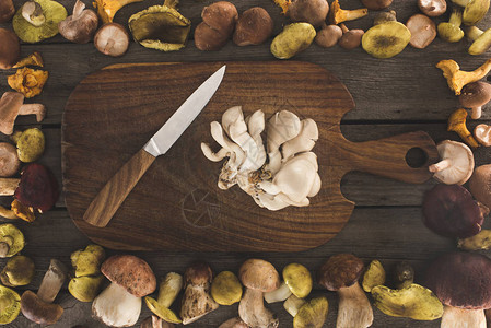 牡蛎蘑菇和刀子在剪切板上与周图片