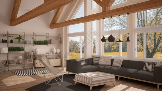 豪华生态屋客厅面板地和木屋顶小棚子秋天草原上的全景窗口现代白色和背景图片