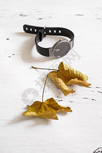 与秋天叶子的木桌上的手表干枯的黄叶紧挨着黑色男士手表白色的桌子图片