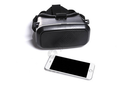 黑色虚拟现实VR头盔智能电话在白图片