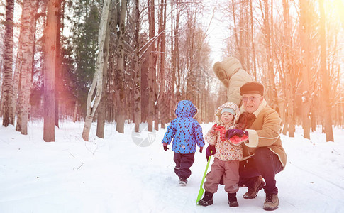 雪下的冬季公园一月早上走过森林家人在冬天公图片