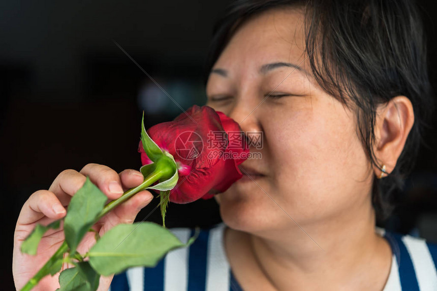 亚洲女40多岁丰满的身体在情人节婚礼或浪漫爱情概念中闻到花园里的红玫瑰花自图片