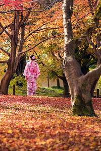 在日本京都秋天的日式花园里传统日本和服中的亚洲妇女图片