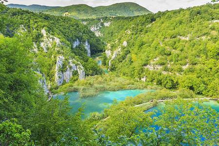 克罗地亚十六湖森林树木景观蓝色水湖和的图片