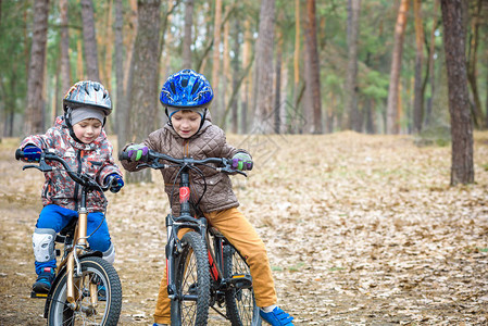 两个小兄弟姐妹在秋天或春林骑自行车玩得开心图片
