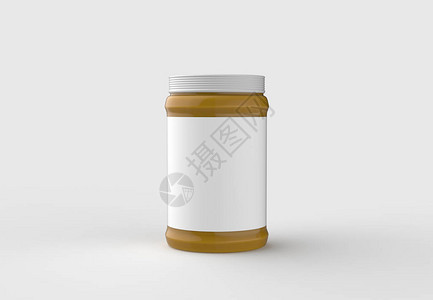 芥末罐装白色标签孤立在软灰色背景图片