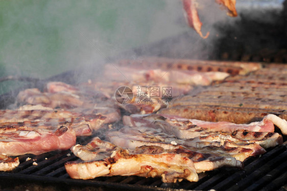 各种不同种类的肉牛排肉丸烤羊肉串鱼片汉堡和香肠图片