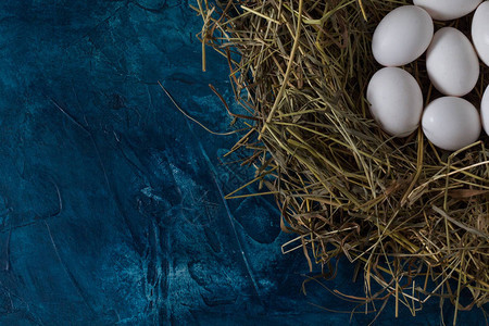 雀巢中的鸡蛋被蓝色背景的白布覆盖复制空间平躺图片