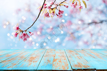 上层的木桌空着供您在春季产品和展示或与天空背景的粉红樱花saku背景