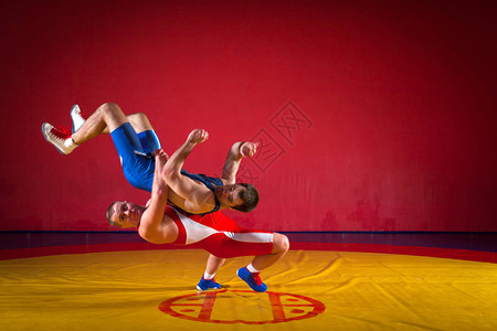 两名身穿蓝色和红色摔跤紧身衣的强壮摔跤手正在健身房的黄色摔跤地毯上摔跤并进行suplex摔跤做图片