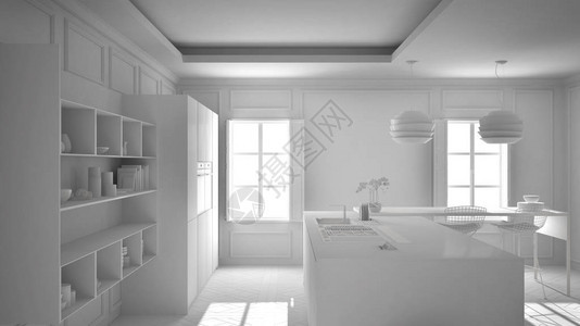 古典室内现代厨房家具的白色项目旧式面板最小型建筑设计内部图片