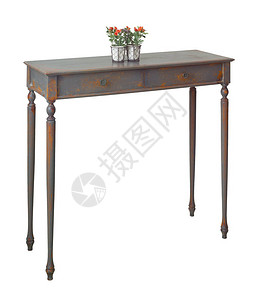 复古木制复古桌子顶部有红色花朵和绿叶图片