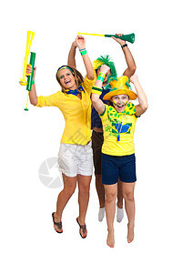 巴西球迷在白色背景下庆祝跳跃和欢呼图片