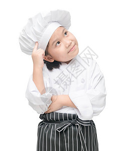 可爱的小厨师正在思考新的菜单年轻的女厨师在白背景和剪切图片