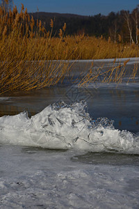 冰雪和水在冰冻的湖边山上图片