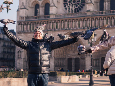 巴黎,法国在广场上喂鸽子的人在圣母院大教背景