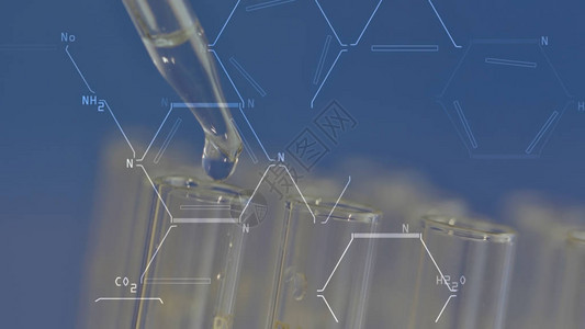 实验室科学家用吸管分析和提取试管中的DNA或分子的特写在蓝色背景上图片
