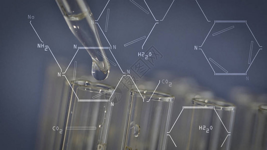 实验室科学家用吸管分析和提取试管中的DNA或分子的特写在蓝色背景上图片