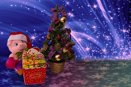 带圣诞树和惊喜的圣诞粉红猪图片