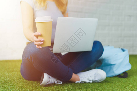坐在草地上喝咖啡去用笔记本电脑工作的年轻女图片
