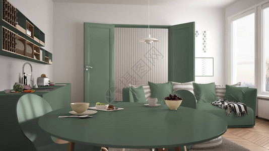 现代斯堪的纳维亚厨房客厅沙发和大窗户白色和绿色建筑室内设计中图片
