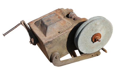 磨刀,用于磨刀和的旧老式砂轮用补丁在白色上隔离背景