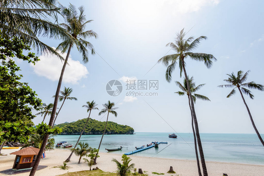KoWuaTaLap岛海滩和大海上美丽的自然景观椰子树泰国素叻府MuAngThong海洋公园图片