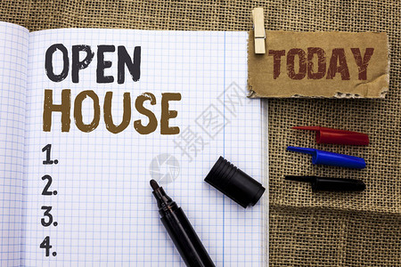 显示开放日的文字符号概念照片家庭财产住宅内部外建筑公寓写的笔记本书与标记今图片