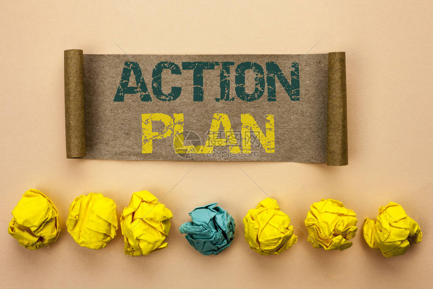 显示行动计划的书写笔记商业照片展示战略运营计划程序目标书面纸板平图片