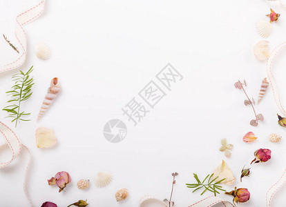 白色背景上的节日干花和鲜花贝壳玫瑰组成图片