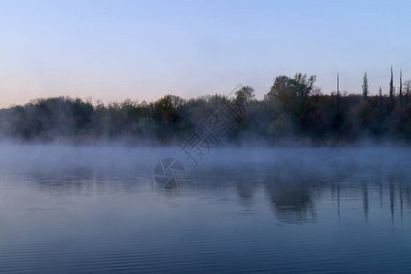 清晨湖面有雾图片