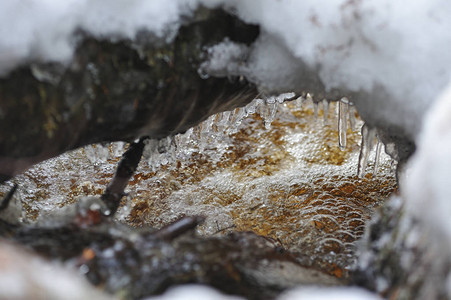 春天融化的冰柱和水流图片
