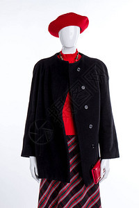 女红色贝雷帽毛衣和钱包穿着帽子大衣和裙子的女模特女士优雅背景图片