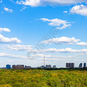 位于莫斯科市Timiryazevsky公园绿林附近的蓝天下住宅区景色图片