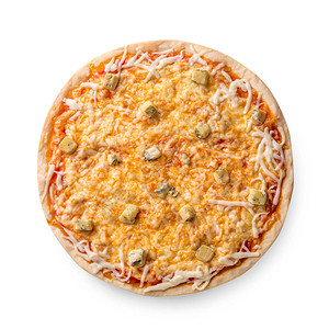 在白色背景上的整个新鲜出炉的美味四奶酪意大利比萨饼的白色上隔离的俯视图静图片
