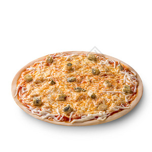 在白色背景上的整个新鲜出炉的美味四奶酪意大利比萨饼的白色上隔离的俯视图静图片