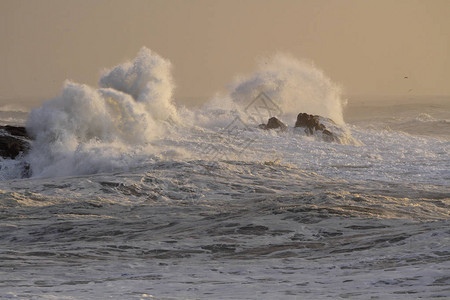 在日落的大风雨如磐的波浪飞溅图片