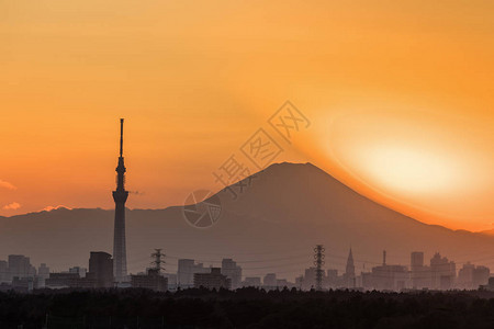 日落背景下的东京天空树景观背景图片