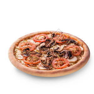 白背景的肉类鸡肉和蘑菇披萨顶视图片