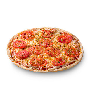 白背景的芝士和西红柿披萨马加丽塔披萨顶部视图片