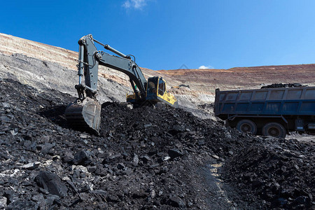 在煤矿工作的黄色反铲挖土机背景图片