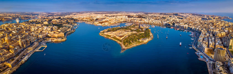 马耳他瓦莱塔日出时VallettaSliemaManoel岛GziraTaXbiexMsida和Floriana的空中图片